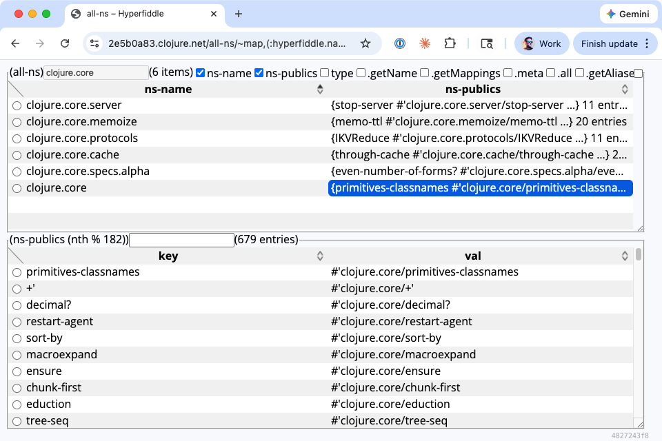 Namespace browser showing clojure.core namespaces with ns-name and ns-publics columns