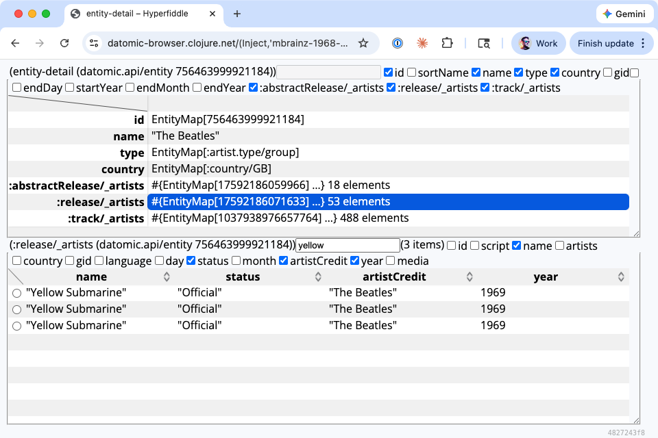 Datomic entity browser showing schema attributes with db/ident, db/valueType and other columns