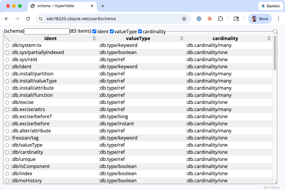 Datomic schema browser showing database attributes with db/ident, valueType, and cardinality columns